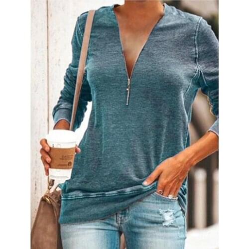 Womens T-shirt 2021 Summer New Fashion Zipper V-neck Solid Green Long Sleeve Casual Plus Size Soft Thin Top Ladies T-shirts