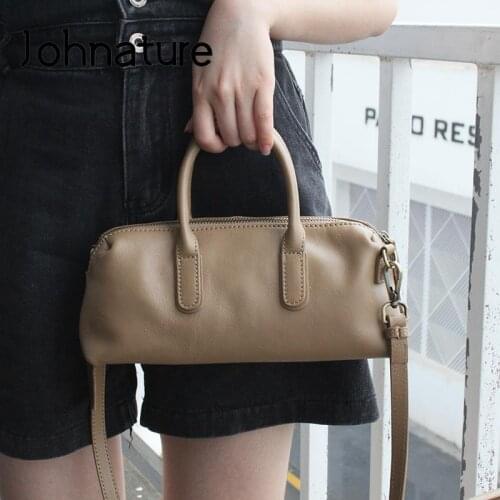 Johnature Versatile Simple Handbag Korean Small Women Bag Genuine Leather 2021 New Leisure Real Soft Cowhide Shoulder Bags