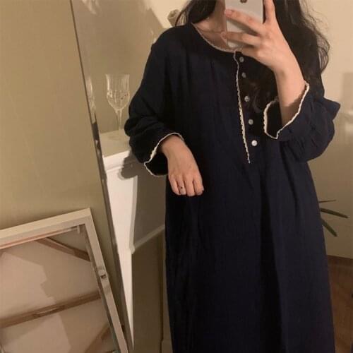 Spring Femme Fashion 100% Cotton Simple Lace Side Nightdress Buttons Nightgown Long Dress Women Sweet Home Clothes Nightwear