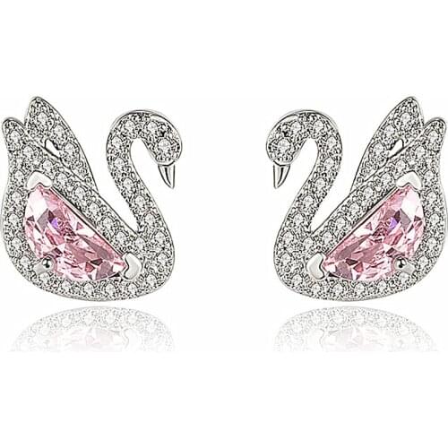 Chic Elegant Swan Pink Crystal Zircon Diamonds Gemstones Stud Earrings for Women Girl White Gold Color Fashion Jewelry Gifts
