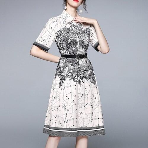 2021 Summer Runway Single-Breasted Shirt Dress Womens Turn Down Neck Short Sleeve Vintage Hepburn Print Dress Female Office