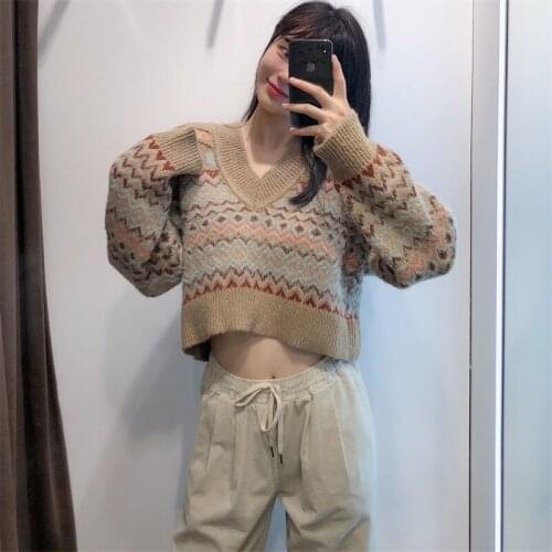 Women 2021 Fashion Ribbed Trims Jacquard Cropped Knitted Sweater Vintage V Neck Long Sleeve Female Pullovers Chic Tops