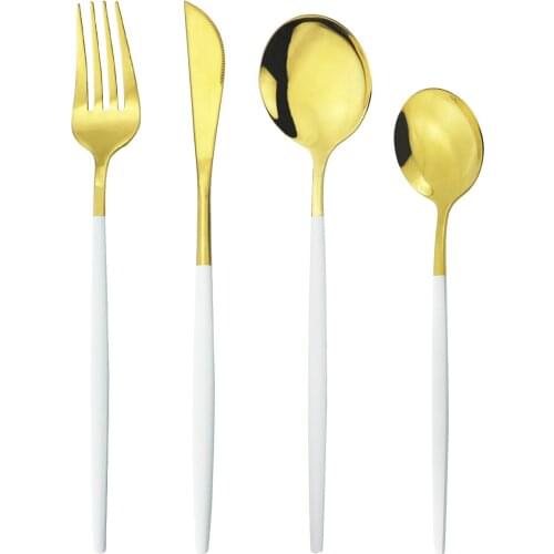 4Pcs White Gold Cutlery Set Stainless Steel Dinnerware Set Knives Fork Spoons Tableware Set Home Kitchen Flatware Silverware Set