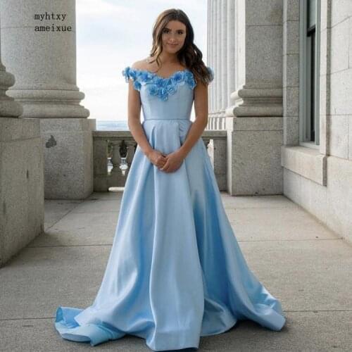 Hand Made Flower Off The Shoulder Sexy Satin Pleated Evening Dresses Zipper Back Vestidos De Fiesta For Wedding Party For Woman