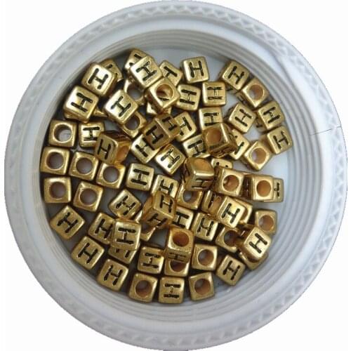 Free Shipping 2600PCS Single Letter H Printing Gold Acrylic Beads 6*6MM Cube DIY Jewelry Knit Name Bracelet Alphabet Beads