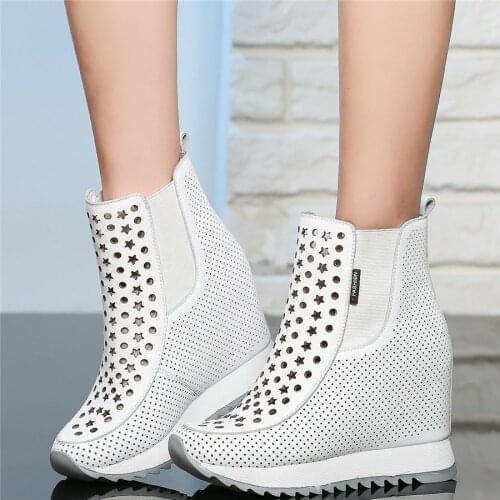 Summer Wedges Casual Shoes Women Genuine Leather High Heel Ankle Boots Female High Top Round Toe Platform Pumps Fashion Sneakers