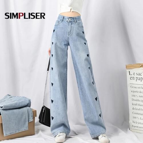 Brand New Women Denim Blue Jeans Wide Leg Pants High Waisted Soft Female Loose Boyfriend Jeans Trousers Plus Size 31 Embroidered