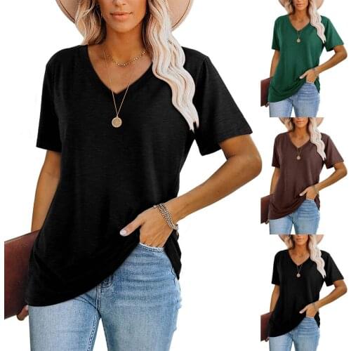 Plus Size Womens T Shirts Fashion Casual Short-sleeved V-neck T-shirt Summer Female Solid Color Basis Tops Women Clothes