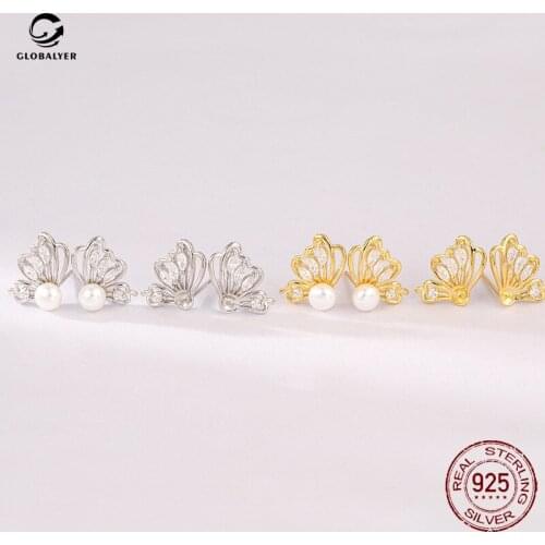 Korean Earrings style S925 Silver Butterfly Earrings Female Temperament Personality Pearl Earrings DIY jewelry Free shipping 772