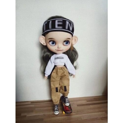Blythes doll dress 1/6 size fashion versatile monogram white T-shirt + waist hip fashion cargo pants two-piece khaki suit green