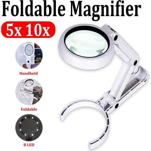 5X 11X Lupa Loupe Magnifier Folding Lamp Reading Portable Handheld Illuminated Magnifying Glass With 8 LED Lights for Newspaper