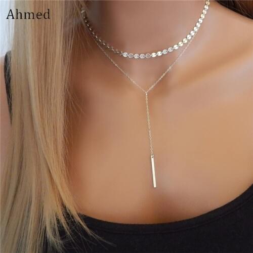 Ahmed Copper Sequins Straight Bar Tassel Necklace For Women Fashion Jewelry New Double Statement Chain Collier Femme