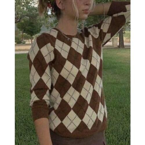 Foridol autumn winter argyle knitted sweater pull femme england style plaid vintage pullovers brown casual jumper 2020