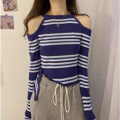 Autumn Women Striped Sweater Halter O-Neck Cropped Split Sweater Pullover Girls Striped Full Sleeve Crop Top For Female