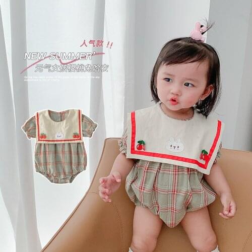 0-2-year-old Newborn Baby Korean Lovely Lattice Cherry Rabbit Lapel Short Sleeve Dress Baby Girl Dress