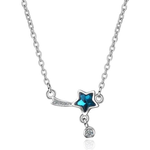 KOFSAC New Fashion 925 Silver Chain Necklace Charming Ocean Blue Crystal CZ Star Pendant Necklaces For Women Party Jewelry Gifts