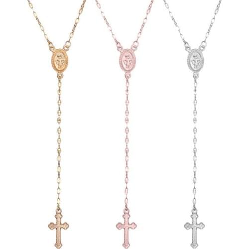 Simple Women Cross Virgin Mary Oval Charm Lariat Y Necklace Religious Jewelry Gift Pendant Long Chain Necklace Women