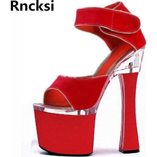 Rncksi Girls Red Sexy Wedding Party Square Heels Red Shoes Women Sandals With 8cm Patform 18cm High Heels Pole Dance Sandals