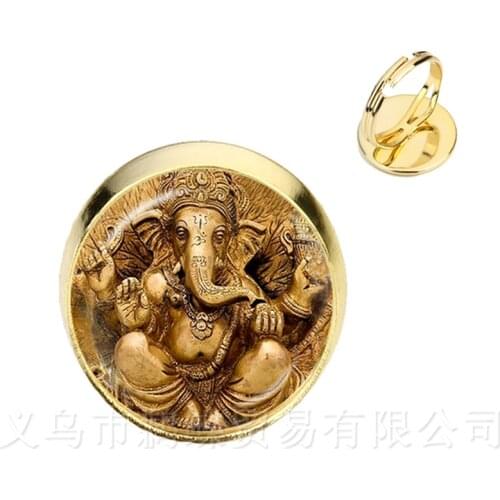 Glass Time Gem Rings 16mm Ganesha Buddha Elephant Silver/Golden Plated Adjustable Ring Handmand Silver/Golden Plated Classic