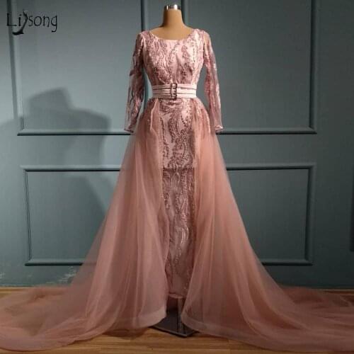 Vintage Real Image Mermaid Lace Evening Dresses With Detachable Train Full Sleeves Beaded Long Evening Gowns Modest Party Dress
