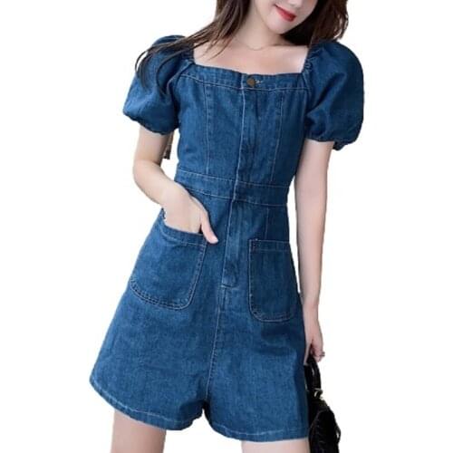 PERHAPS U Women Causal Denim Blue Puff Sleeve Square Collar Zipper Pockets Slim Wide Leg Pants Rompers Playsuits Plus Size J3005