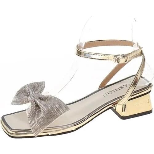 Womens Summer Sandals Mid Heel Sandals With Diamond Bowknot And Lace Up Versatile Anti Slip And Wear Resistant Sandals
