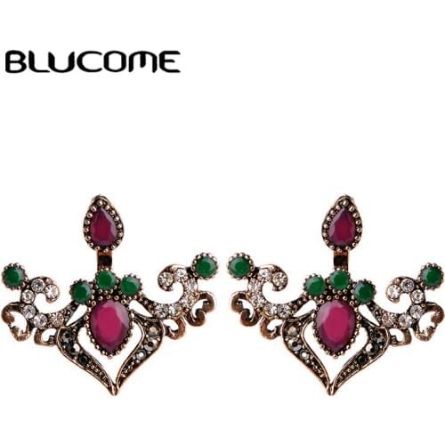 Blucome Vintage Resin Earrings For Women Gold-color Love Heart Double Sided Stud Earring Turkish Jewelry Engagement Party Aretes