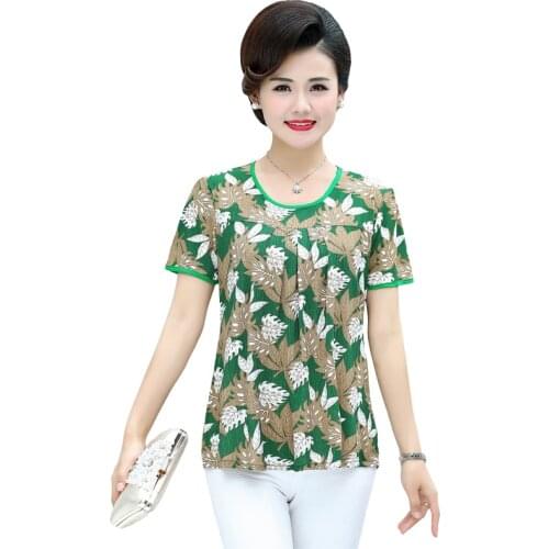 Short Sleeve Printed Tops For Women Summer New Fashion Middle Age Mother Clothes O-Neck T-Shirt Bottoming Shirt Casual Pullover