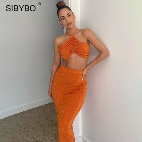 Sibybo 2 Piece Sets Womens Outfits Skirts 2021 Summer Halter Backless Sexy Tops Long Beach Skirt Femme Off Shoulder Party Suits