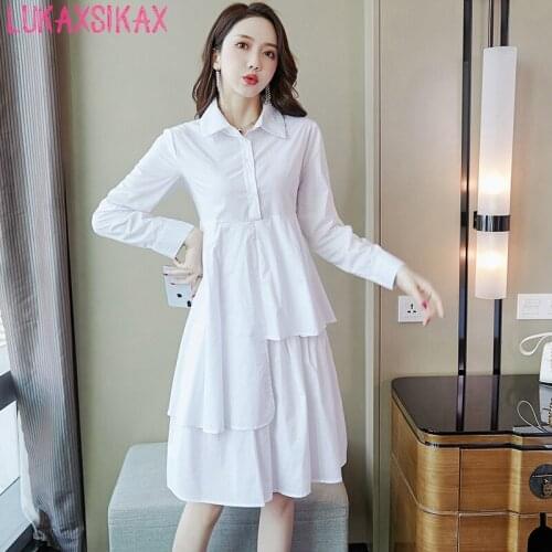 2020 New Spring Autumn Women Long Sleeve Dress High Quality Solid Color Irregular Double Hem Loose Shirt Dress