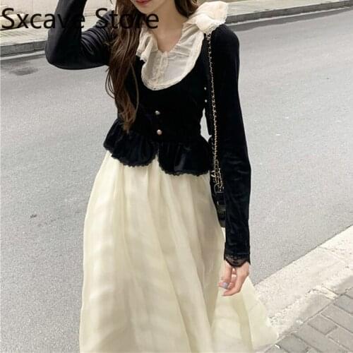 2021 Autumn French Velvet Midi Dress Women V-Neck Lace Vintage Party Dress Office Lady Long Sleeve One Piece Dress Korea Fashion