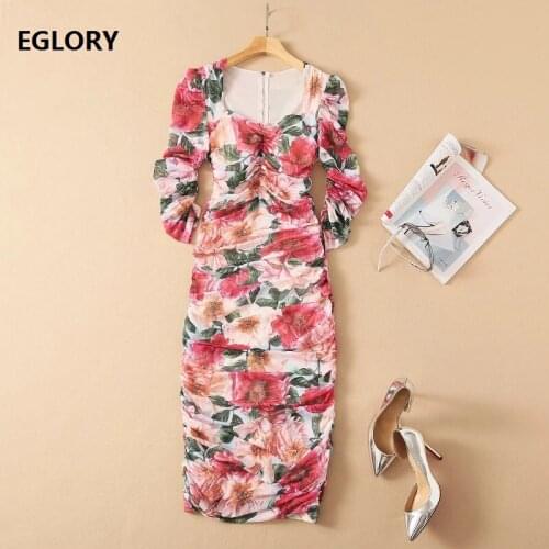 Bodycon Dress 2021 Spring Summer Sexy Party Women Sexy Square Collar Sweet Rose Floral Print 3/4 Sleeve Midi Club Dress Tight