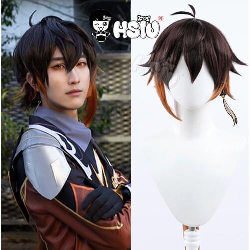Zhongli cosplay wig Genshin Impact cosplay HSIU Dark brown gradient orange long hair Anime Wig Heat Halloween+Free Brand wig Cap