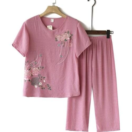 2021 Women Spring Summer Mid-aged Vintage 2 Pcs Set Lady Short Sleeve Shirt + Wide Leg Pant Suit Female Casual Oversize Set E599