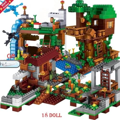 2021 Sets Compatible My World Building Blocks Village City Tree House Architecture Waterfall Warhorse Bricks Toy For Children