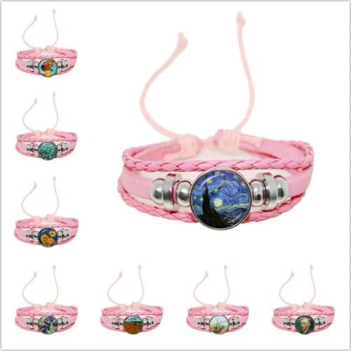 Dropship Van Gogh Bracelet Starry Night Art Jewelry Pink Leather Bracelet Women Kids Fashion Glass Cabochon Chain Bangle