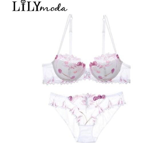 LILIMODA Women Sexy Comfortable Paded Thin Cotton Bra Brassiere Sets Floral Lace Embroidery Underwire Lingerie Underwear WHITE