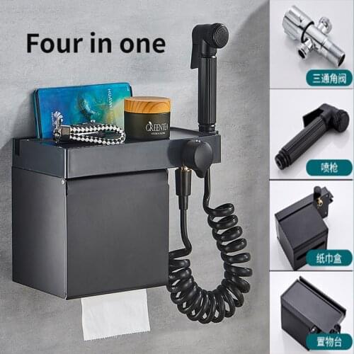 Black White Multifunctional Paper Towel Holder Tissue Rack Stainless Steel Hook With Mobile Phone Holder Toilet Spray Gun