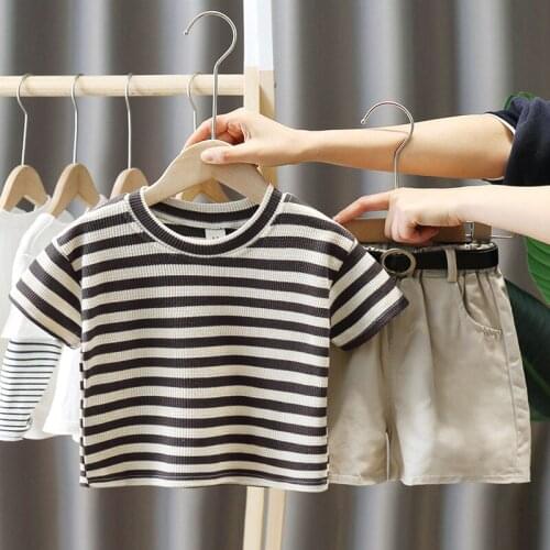 Childrens suit boys summer 2021 new baby handsome belt striped cotton T-shirt two-piece
