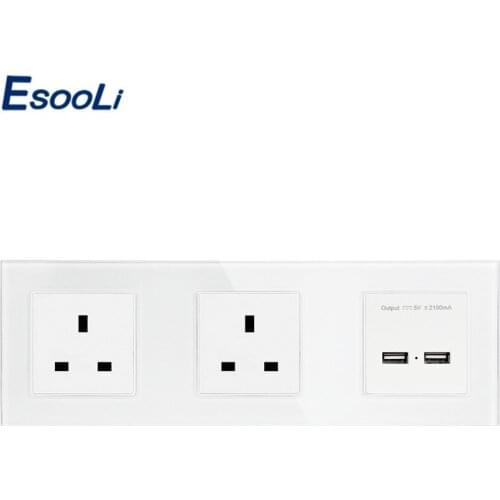 Esooli Tempered Glass Panel Double Socket 16A UK Electrical Outlet With Dual USB Charging Port For Mobile