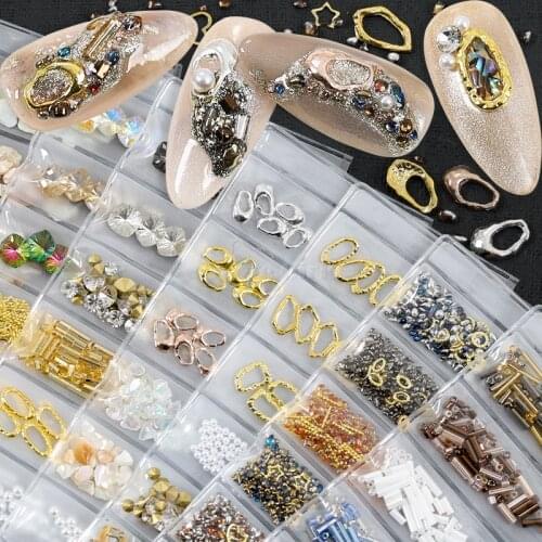 Mix 6 Shapes 3D Rhinestones Nail Art Decorations Crystal Gems White Pearl Alloy Studs Frame Stones Charm Manicure Accessories