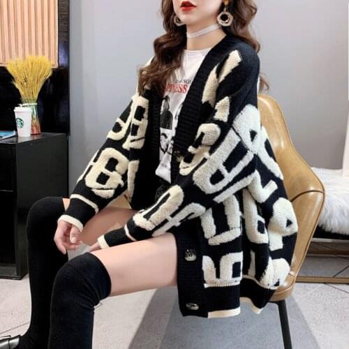 Letter Oversized Cardigan Women Winter Warm Thickened Sweater Women Autumn Korean Loose Lazy Style Knitted Coat Pull Femme