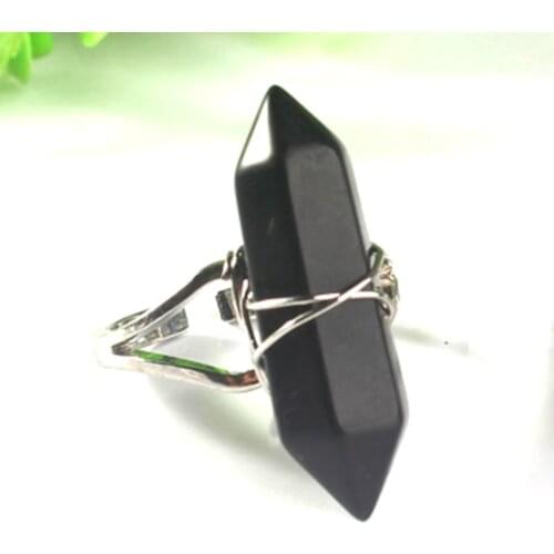Kraft-beads Silver Plated Wire Winding Hexagon Column Resizable Black Onyx Ring For Party Gift Jewelry