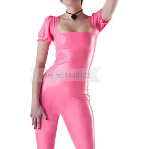 Short Puff Sleeve Pink Latex Jumpsuit Rubber Girl Tight Catsuit Fashion Bodysuit Back Zip BNLC273