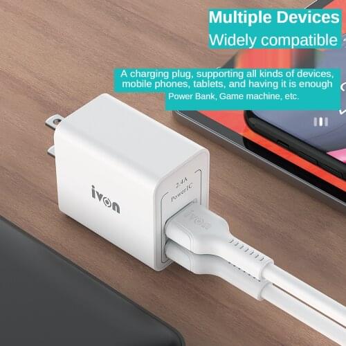 IVON 5V 2.4A Double USB Charger Kit for iPhone Fast Wall Charger EU Adapter for Samsung Xiaomi Huawei TECNO Mobile Phone Charger