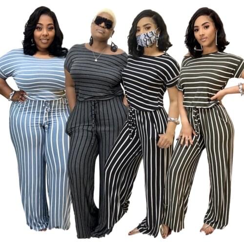 Hot Style Women Striped Printing Knitted Elastic Jumpsuits Big Size Ladys Casual O-Neck Short Sleeve Lace-Up Wide-Leg Rompers