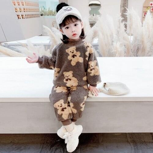 Fashion Kids Sets Cartoon Bear Print Plush Suit 1 to 7 Years Boys Girls Children Clothes Autumn Winter Toddler Babe Girl Outfits