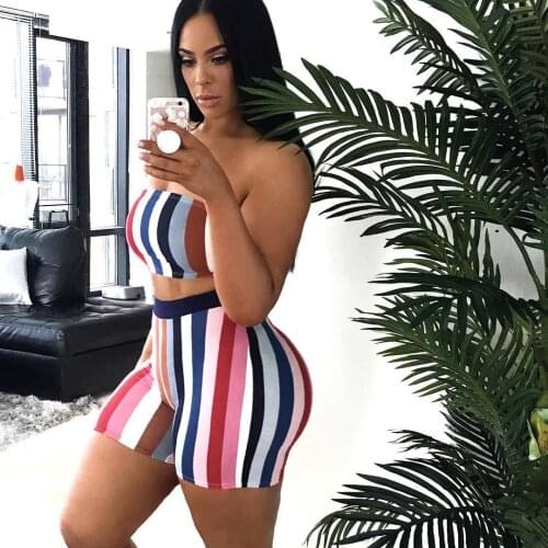 Fashion sexy womens tube top striped slim elastic band shorts hot pants casual pants two-piece suit