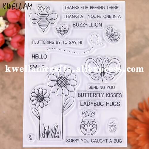 Sunflowers Bee Butterfly Ladybug Hugs Hello Smile Scrapbook photo cards rubber stamp clear stamp transparent stamp 20102009