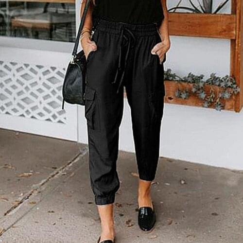 Simple Elastic Waist Solid Color Women Trousers Thin Multi-pockets Ankle Banded Drawstring Long Pants Ladies Quick Drying Cloth